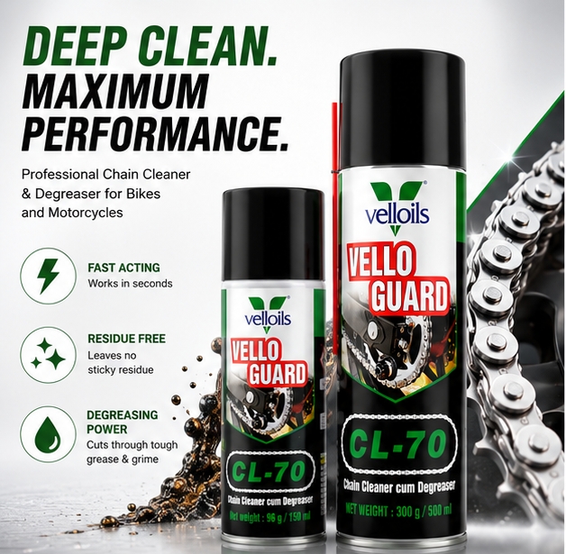 WhatsApp Image 2026-06-11 at 10.37.43 PM Vell Oils Vello Guard CL-70 Chain Cleaner & Degreaser Spray | Fast Degreasing Formula | Removes Dirt, Grease & Grime | Improves Chain Performance | 500m - Image 1